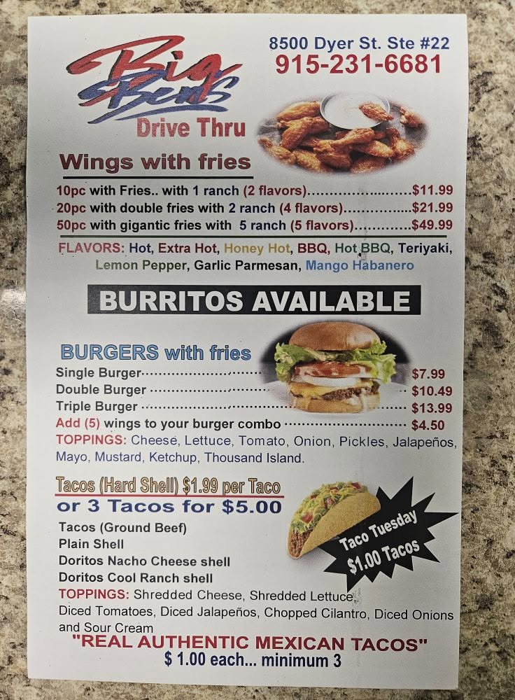 Big Ben's Drive Thru printed menu — full price list